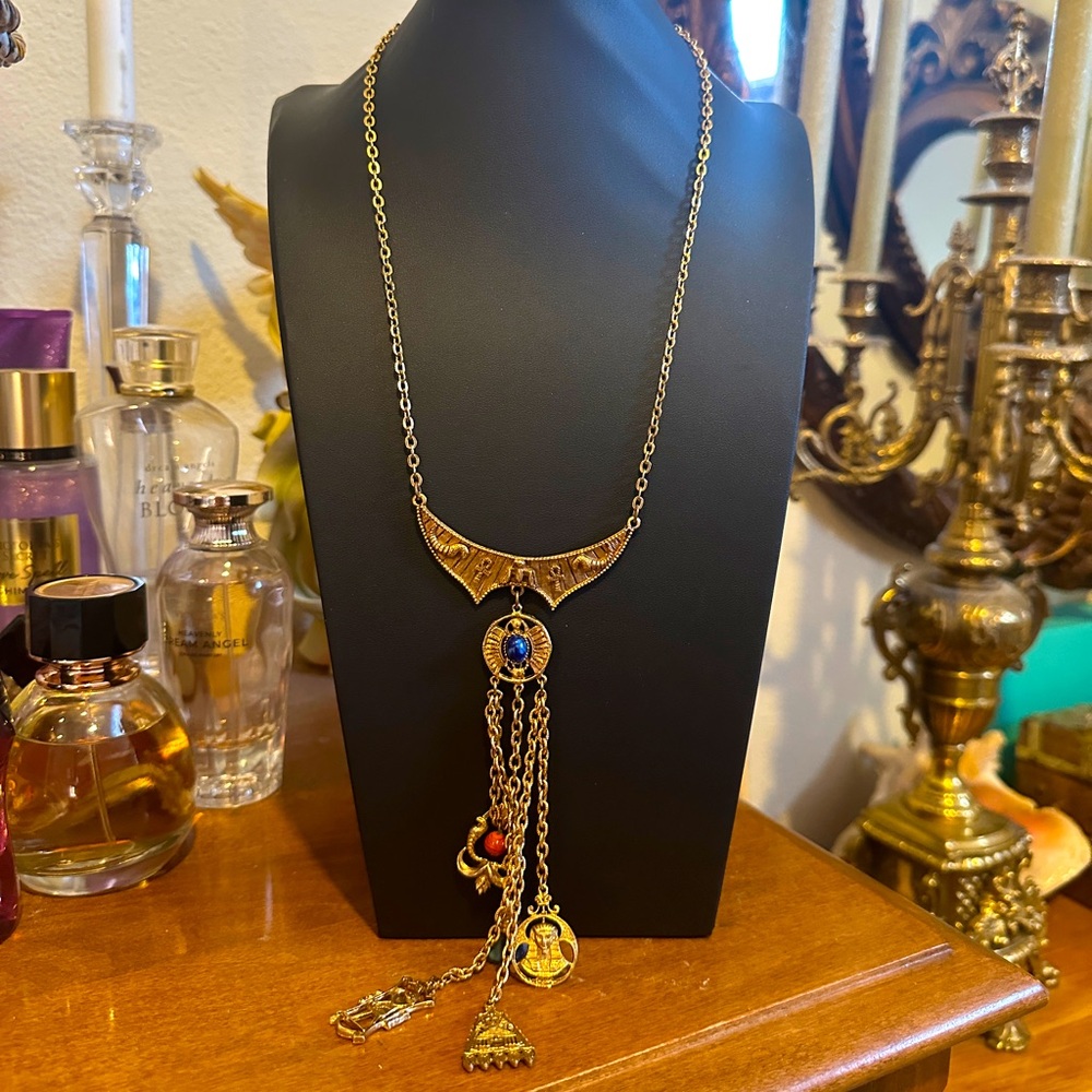 Elegant Gold Egyptian Pendant Necklace with Colorful Accents
